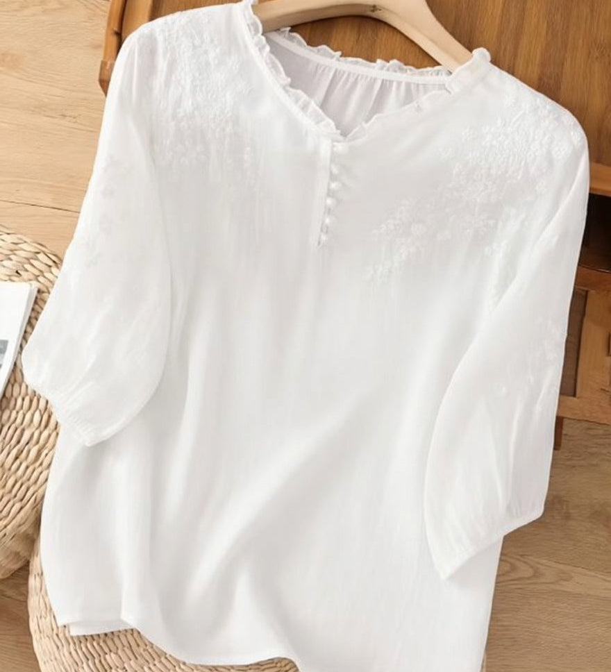 Éléna™ — Blouse brodée élégante en lin mélangé