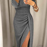 Liv | Robe Midi Élégante à Épaules Dénudées et Fente Pailletée