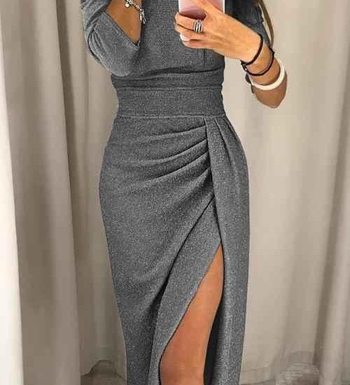 Liv | Robe Midi Élégante à Épaules Dénudées et Fente Pailletée