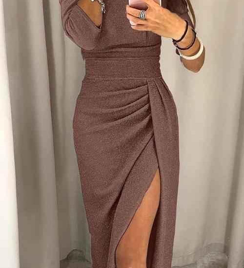 Liv | Robe Midi Élégante à Épaules Dénudées et Fente Pailletée