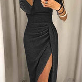 Liv | Robe Midi Élégante à Épaules Dénudées et Fente Pailletée