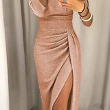 Liv | Robe Midi Élégante à Épaules Dénudées et Fente Pailletée