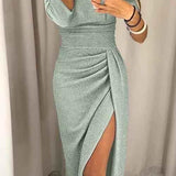 Liv | Robe Midi Élégante à Épaules Dénudées et Fente Pailletée