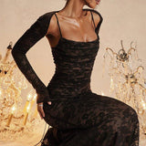 Noa | Robe Maxi en Dentelle à Manches Longues et Détails Transparents