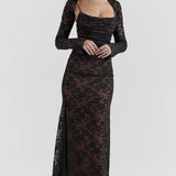 Noa | Robe Maxi en Dentelle à Manches Longues et Détails Transparents