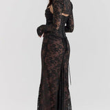 Noa | Robe Maxi en Dentelle à Manches Longues et Détails Transparents