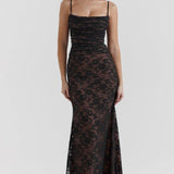 Noa | Robe Maxi en Dentelle à Manches Longues et Détails Transparents