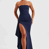 Serena | Robe de soirée élégante à bretelles avec fente haute et drapé