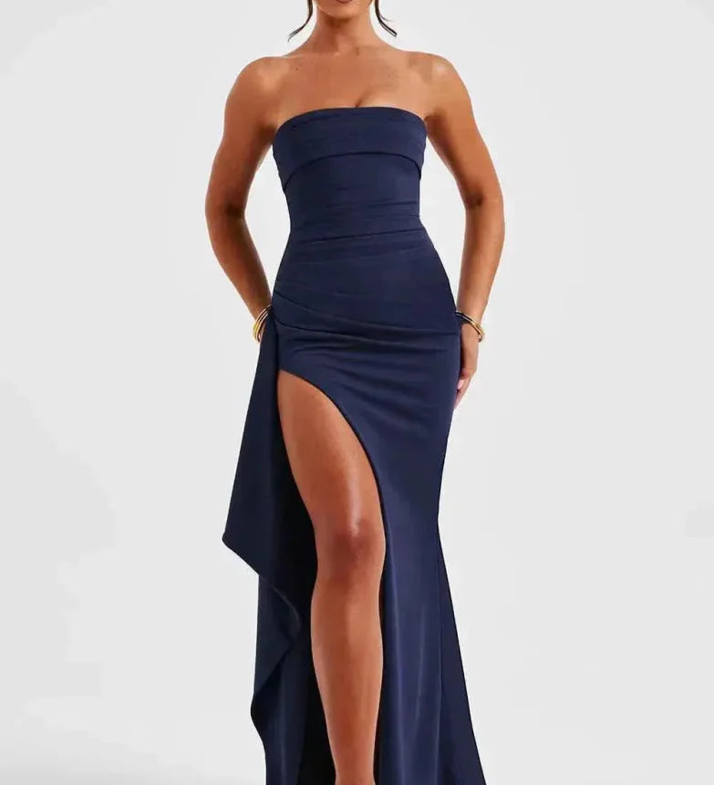 Serena | Robe de soirée élégante à bretelles avec fente haute et drapé