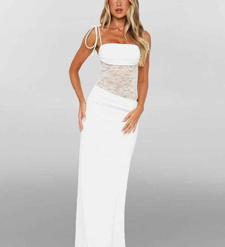 Sina | Robe Maxi Ajustée à Bretelles Nouées et Corsage en Dentelle Transparente