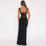 Sina | Robe Maxi Ajustée à Bretelles Nouées et Corsage en Dentelle Transparente